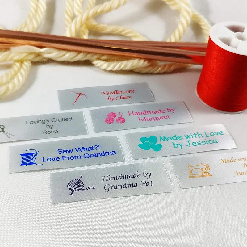 

300pcs Personalized satin sewing clothing care labels Fabric printing text logo washing tags washable handmade Garment label