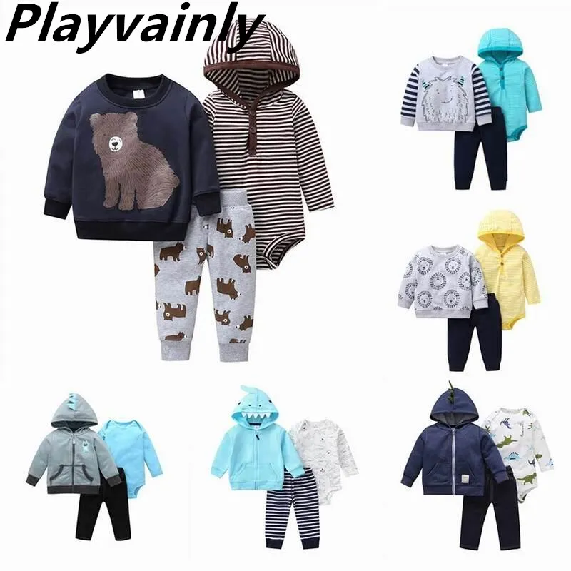 

Baby Girl Clothes Set Boy Outfit Cartoon Stripe Long Short Sleeve Romper+Hoodies Coat +Pants 3pcs Sets Baby Clothes E29296