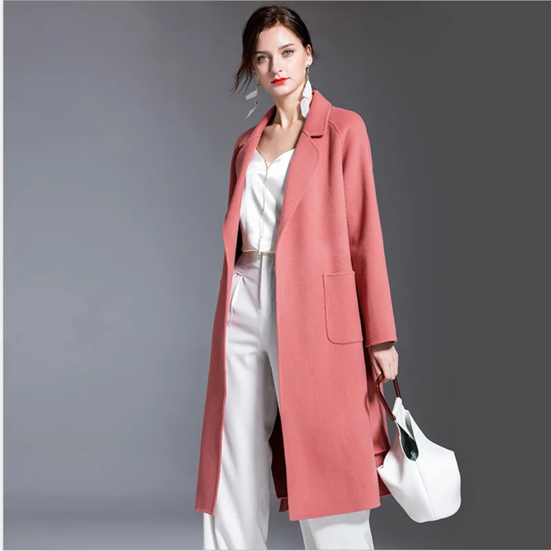 

Winter Women Woolen Coat v-neck Collar Double Breasted Long Wool Coat Double-Sided Cashmere jacket Office Lady Warm Jackets pink