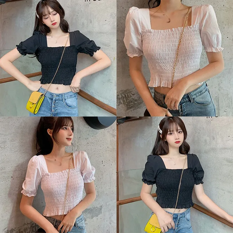 

Women's Blouses Fashion Wild Solid Color Shirt Sexy Pleated Crop Tops Slim-fit Square Collar Short Sleeve Shirt