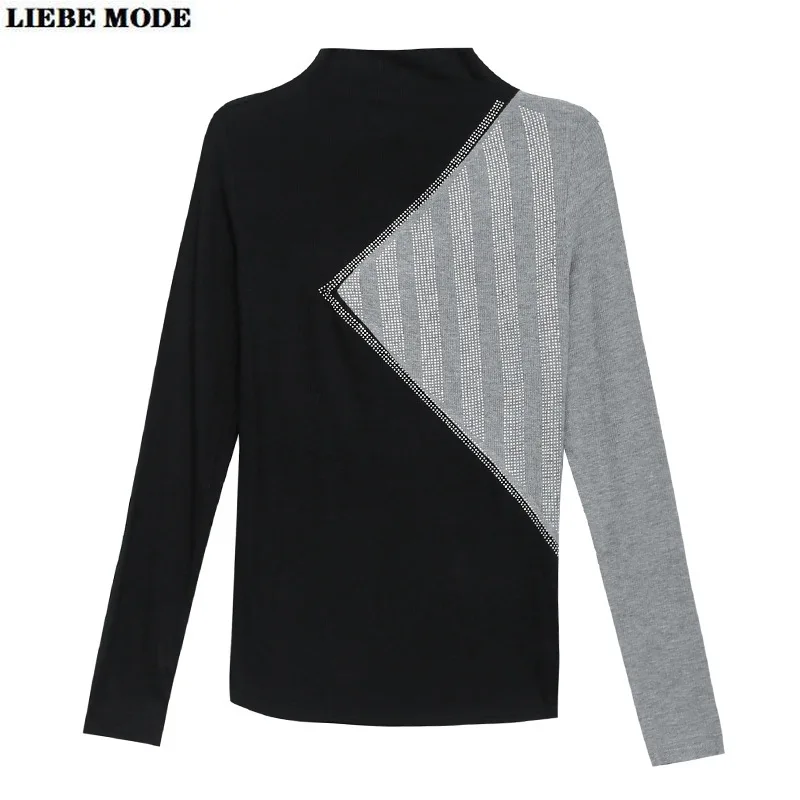 

Mandarin T-shirt Women Long Sleeve Patchwork Blouses and Tops Slim Fit High Collar T Shirt 2020 Spring Autumn Camisetas Mujer