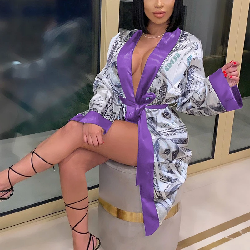 

Sexy Money Printed Satin Robes for Women Sleepwear Night Gown Home Clothes Bathrobe Pajamas Lounge Wear Kimono