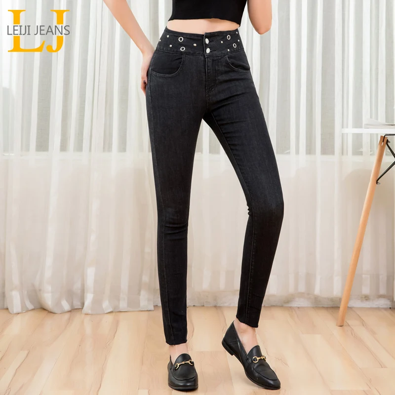 Женские узкие джинсовые брюки LEIJIJEANS повседневные Черные двубортные карандаш с