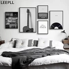 Белая и черная гитара в стиле ретро, с Cd-записью, радио, расплывчатое современное декоративное изображение, холст, настенный художественный плакат для офиса, гостиной, Декор