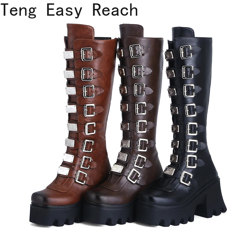 

2022 Winter Gothic Punk Womens Platform Boots Black Buckle Strap Zipper Creeper Wedges Shoes Mid Calf Military Combat Boots