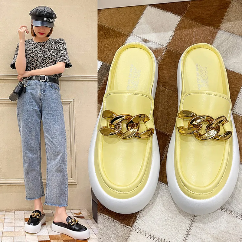 

Rivet House Slippers Platform Loafers Cover Toe Shoes Woman 2021 Med Pantofle New Flat Slides Rubber Fabric Metal Decoration PU