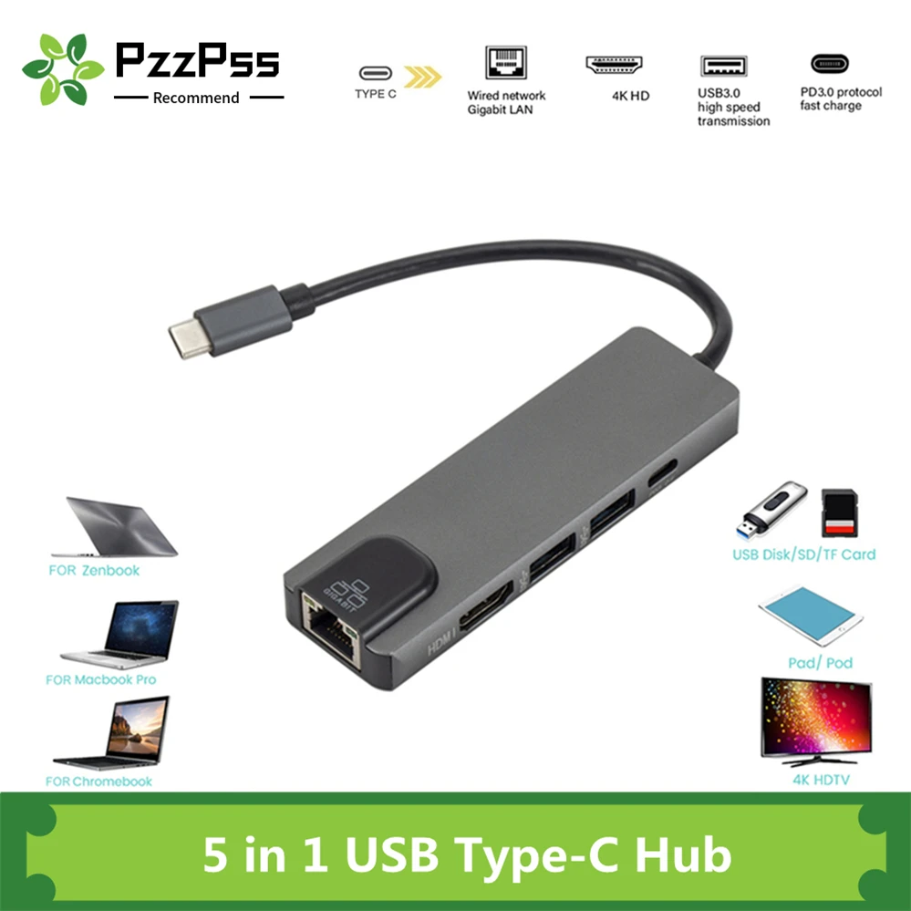 

PzzPss 4K USB C Hub to Gigabit Ethernet Rj45 Lan 5 in 1 USB Type C Hub Adapter for Mac book Pro Thunderbolt 3 USB-C Charger PD