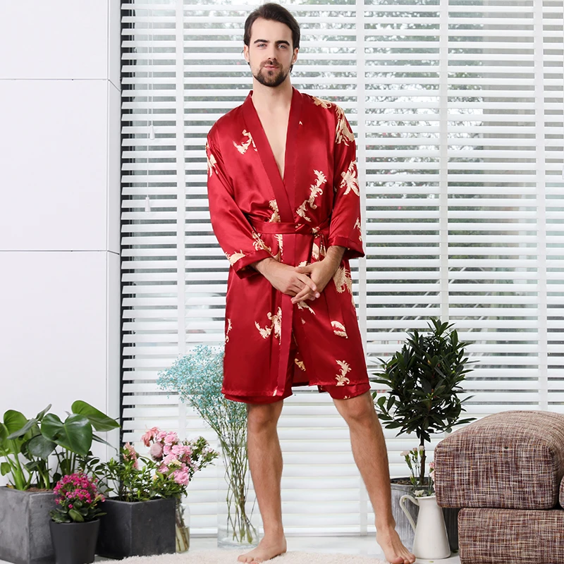 High-End Soft And Comfortable Men Nightgown Silk Pajamas 2 Piece Suit Shorts Men's Bathrobe