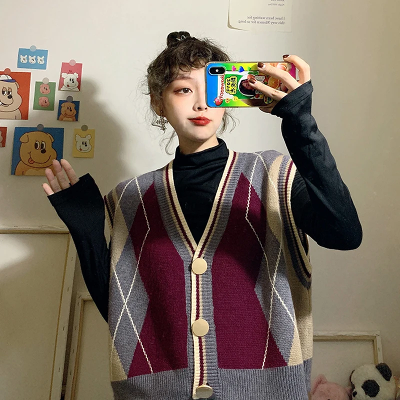 Женский двубортный кардиган Свободный вязаный жилет в корейском ретро-стиле с