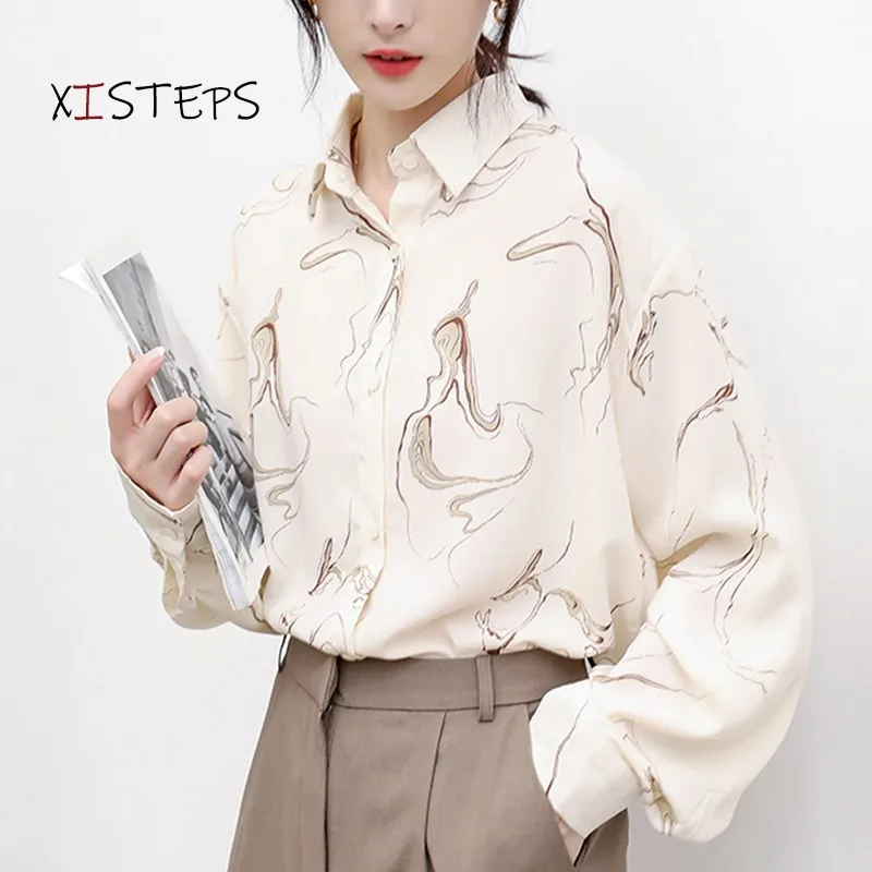 Retro Gentle Chiffon Blouses For Women 2021 Spring Ladies Loose Shirts Printed Fashion Women's Tops Log Sleeve Clothings