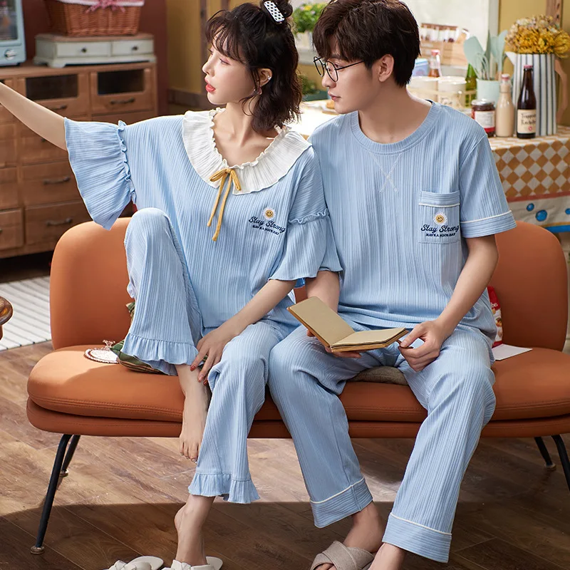 

SLPBELY Cotton Couple Pajamas Set Summer Cartoon Lapel Short Sleeve Men Women Pyjamas Comfort Lovers Homewear Pijamas M-5XL