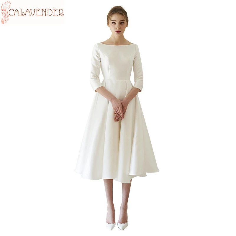 

White Satin Tea Length Wedding Dress with 2/3 Sleeves A-Line Destination Wedding Gowns Plunging Back vestidos de noiva