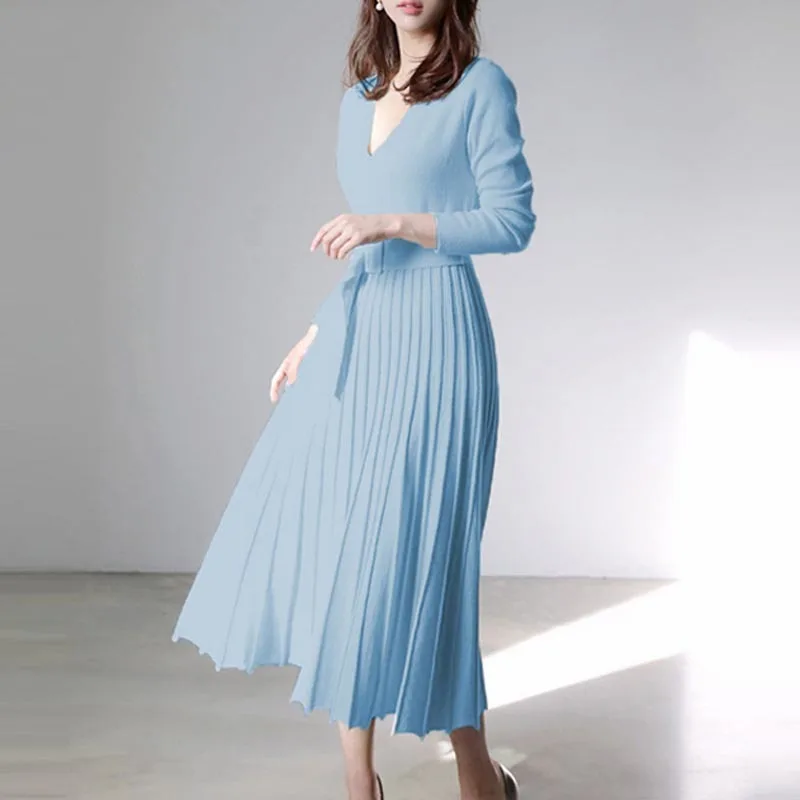 

Knitted Pleated Dress Women Sashes V-neck Thick Warm Long Sleeve Vestidos Ladies Elegant Autumn Winter Sweater Vestido