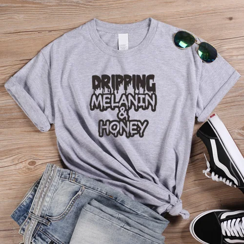 Женские футболки с надписью "Dropping Melanin honey" в стиле Харадзюку, хипстер, уличная хлопковая футболка, графическая футболка - Цвет: Light Grey-B