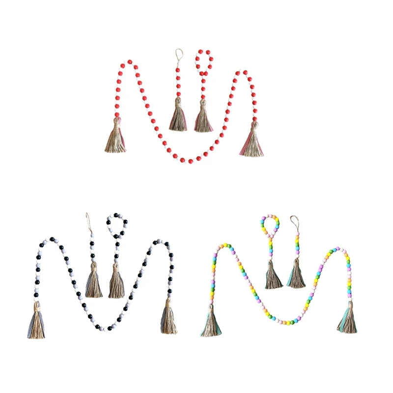 

3PCS Colorful Wood Beaded Garland with Jute Tassels Prayer Boho Beads Farmhouse Rustic Country Home Decor Tiered Tray Accessory