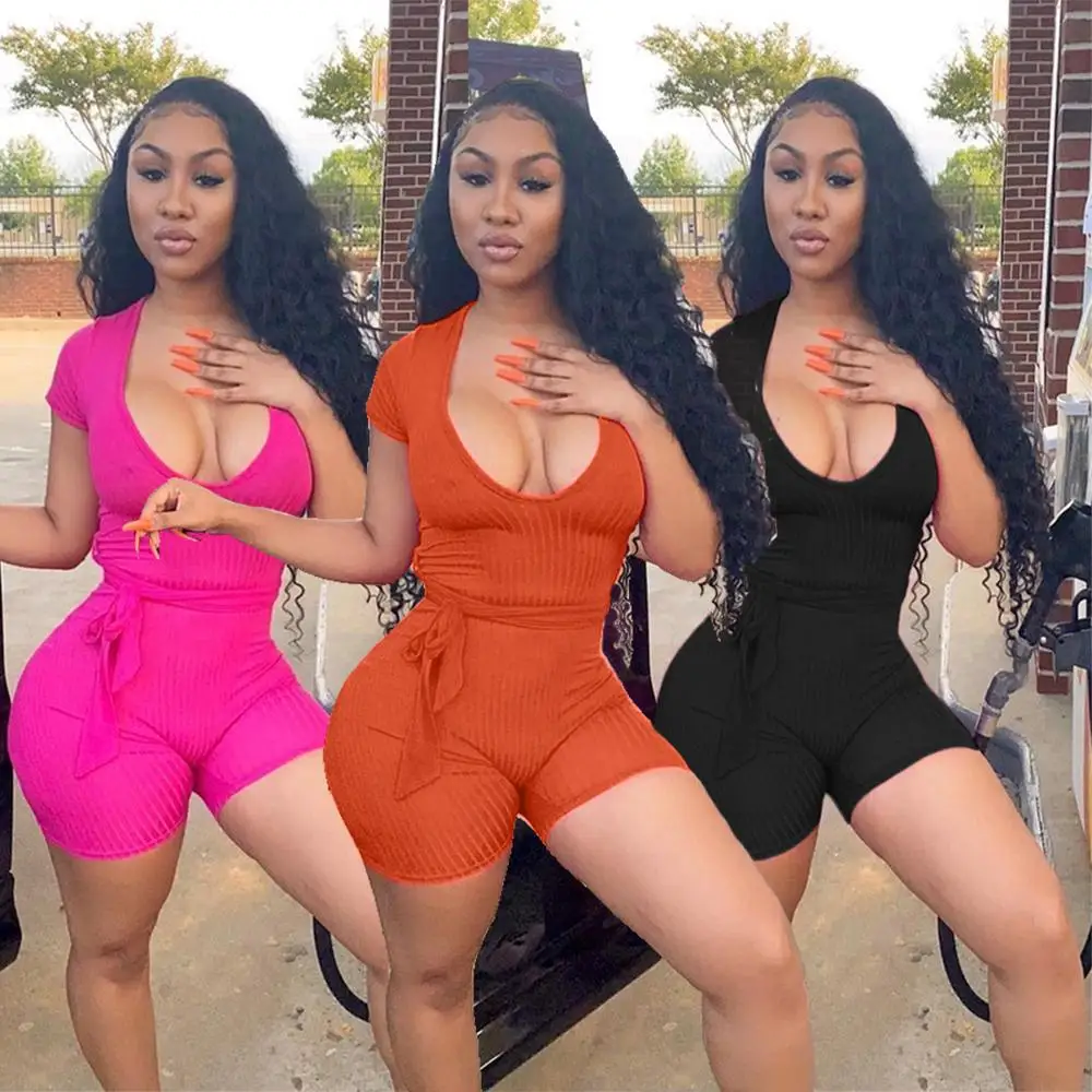 

2020 special design simple solid color U neck short sleeves jumpsuits sexy tight night club party lady fashion playsuits