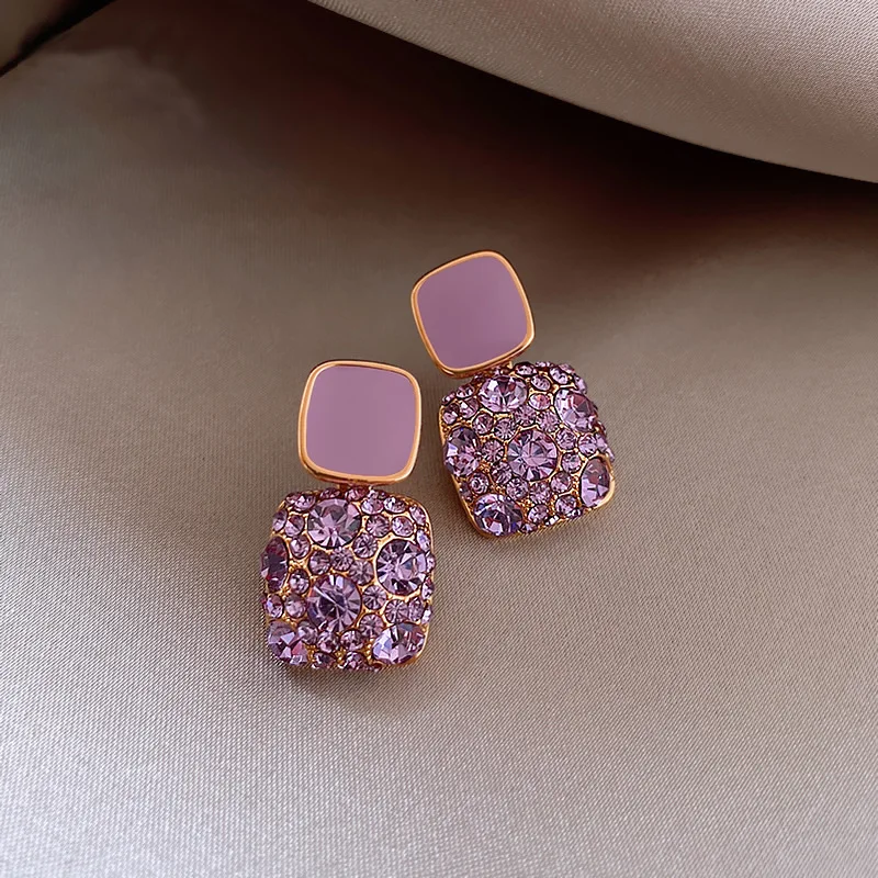 

Women's Square Purple Crystal Pendant Earrings. Korean Style Shiny Fashion Jewelry. Wholesale