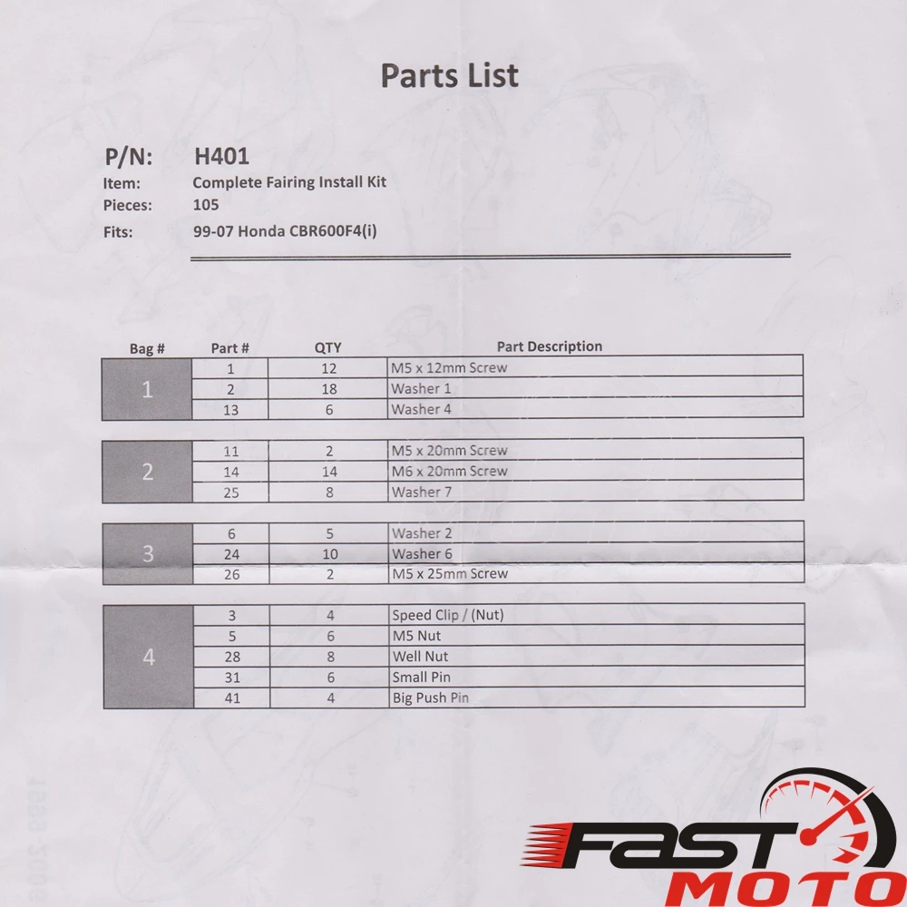 Фурнитура для мотоцикла полный комплект детской гайки 105 шт. Honda CBR600F4i CBR600F4 CBR 600 F4