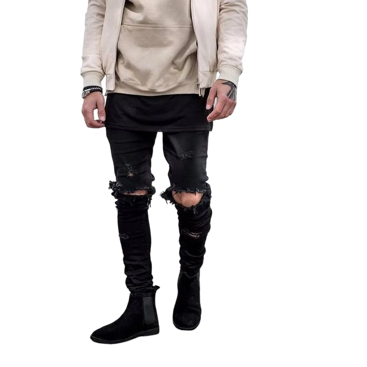 

Men's Jeans High Street Slim Trendy Knee Hole Pants