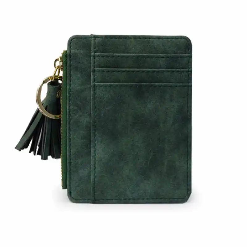 green Matt Leather Mini Tassel Women Card Holder Cute Credit ID Card Holders Zipper Wallet Case Change Coin Purse Keychain Nubuck New - Цвет: green