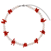 four season women delicate necklace real freshwater pearl red coral beaded semi baroque pearl irregular party necklace choker