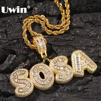 uwin custom charm iced cubic zircon small baguette initial letters pendant necklace words with 4mm cz tennis chain jewelry
