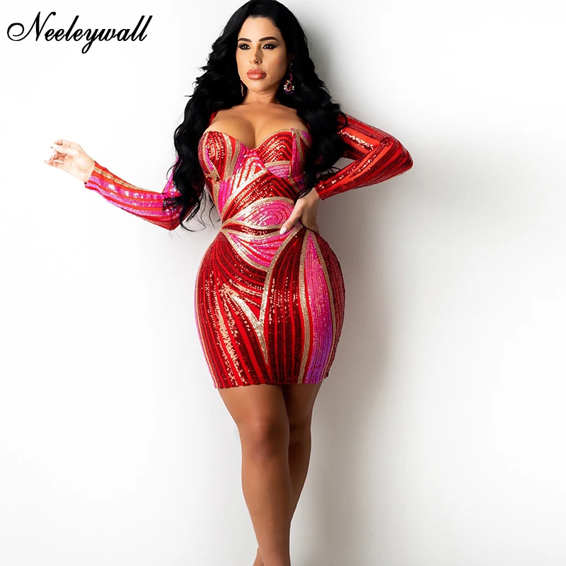 

Блестящие облегающие мини-платья Neeleywall с геометрическим принтом и блестками, женская одежда с длинным рукавом и блестками на день рождения,...