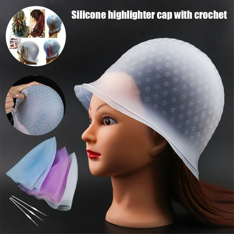 

Reusable Silicone Dye Hat Cap for Hair Color Highlighting Hairdressing with Needle J9