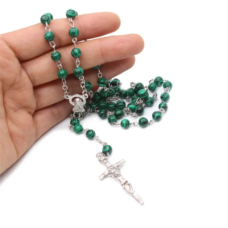 

4 Styles Green Rosary Beads Acrylic Malachite Natural Stone Catholic Necklace High End Cross Bitter Like Christian Religio