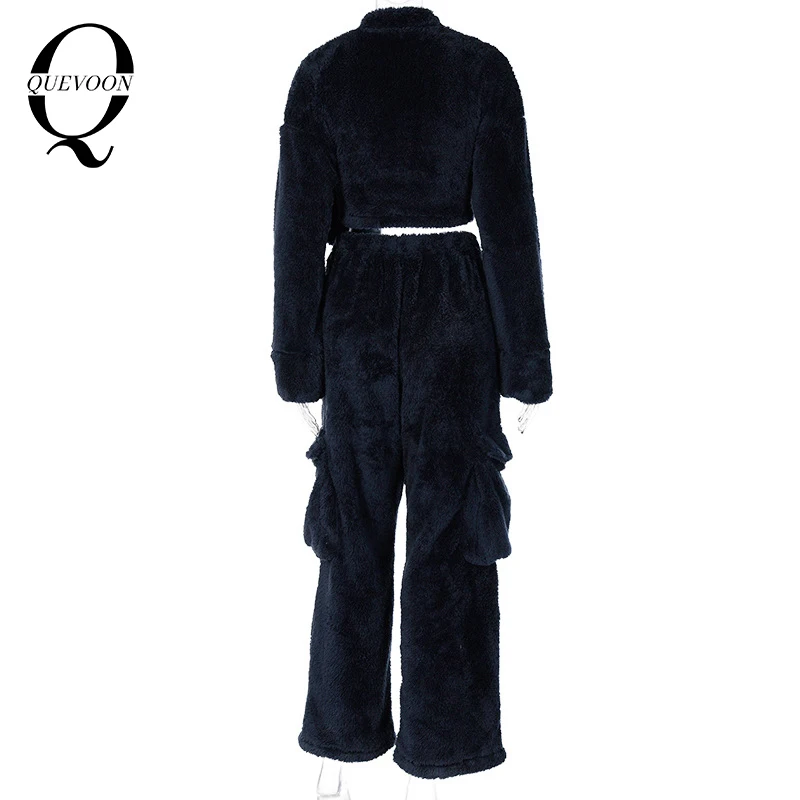 

QUEVOON Sporty Zipper Solid Sets Crop Top Long Pants Fashion Pockets 2 Pieces Outfits Women Matching Set Autumn Winter Clothing