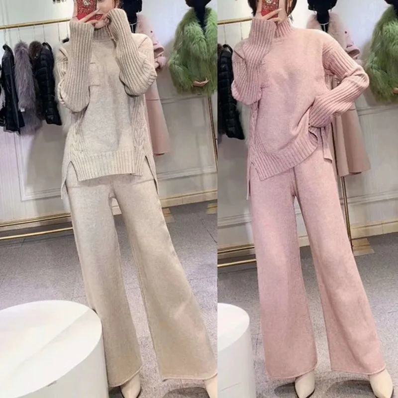 

2020 autumn winter knitted tracksuit turtleneck sweatshirts women suit clothing 2 piece set knit pant female pants suit