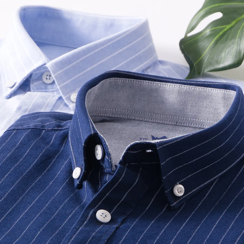 2021 High Quality S~6XL Mens Long Sleeve Shirts 100% Cotton Oxford Wash Striped Casual Fitted Slim Fit Dress Shirts For Male