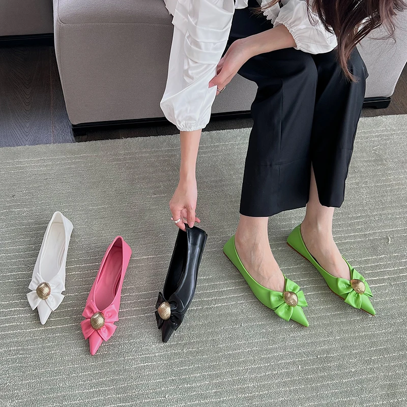 

Pointed Toe Women Flats Bow Design Shallow Slip On Black White Green Pink Elegant Casual Ladies Loafers Pumps Dress Size 35-39