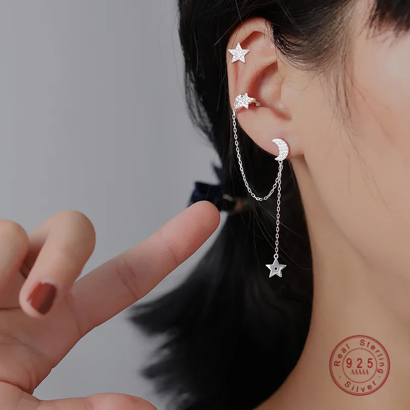 

HI MAN 925 Sterling Silver Korean Tassel Star Moon Zircon Asymmetric Earring Women Fashion Creative Party Jewelry
