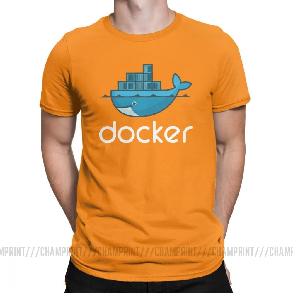 Мужская футболка с логотипом Docker, Linux, Javascript, компьютерная хлопковая одежда, Забавные футболки с коротким рукавом и круглым вырезом, графические футболки - Цвет: Оранжевый