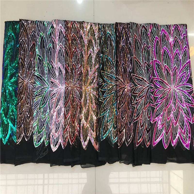Высококачественная кружевная ткань с большими блестками черного цвета 2019
