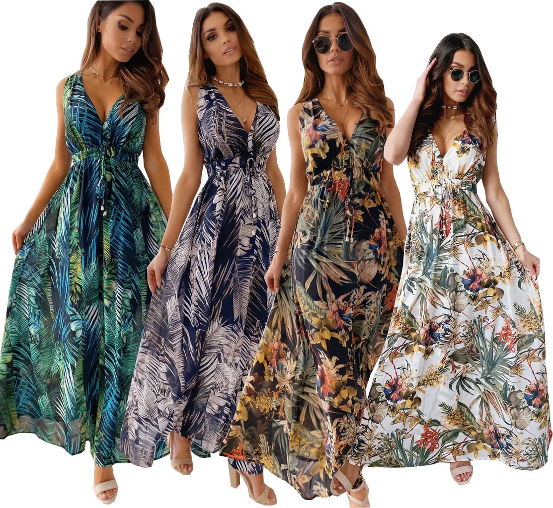 

V-Neck Sexy Slim Elastic Waist Length Retro Print Lace-Up Halter Long Elegant Neck Sleeveless Party Dress Women