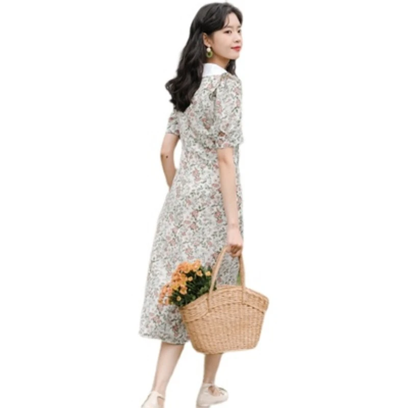 

Summer French Style Women's Vintage Dress Square Neck Puff Sleeve Hollow Floral Dress 2021 Feme Robe