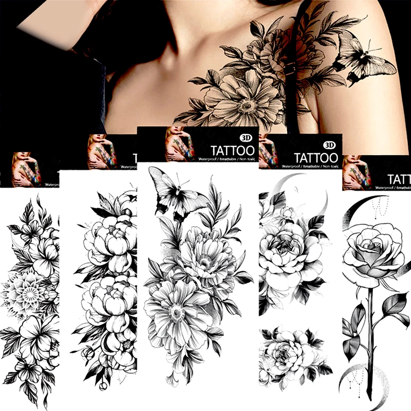 

Sexy Flower Temporary Tattoos For Women Body Art Painting Arm Legs Tattoos Sticker Realistic Fake Black Rose Waterproof Tattoos