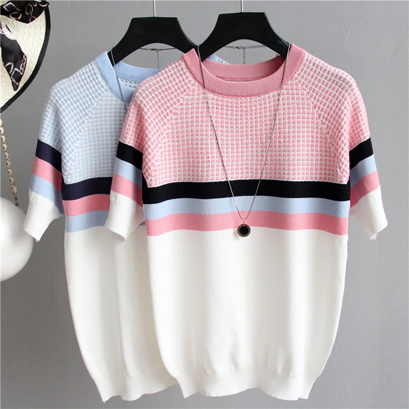 

2021 Summer Short Sleeve Korean Sweater Knitted Pullover Women Sweaters Tops All-Match Basic Thin Pull Femme Jumper Female Pink