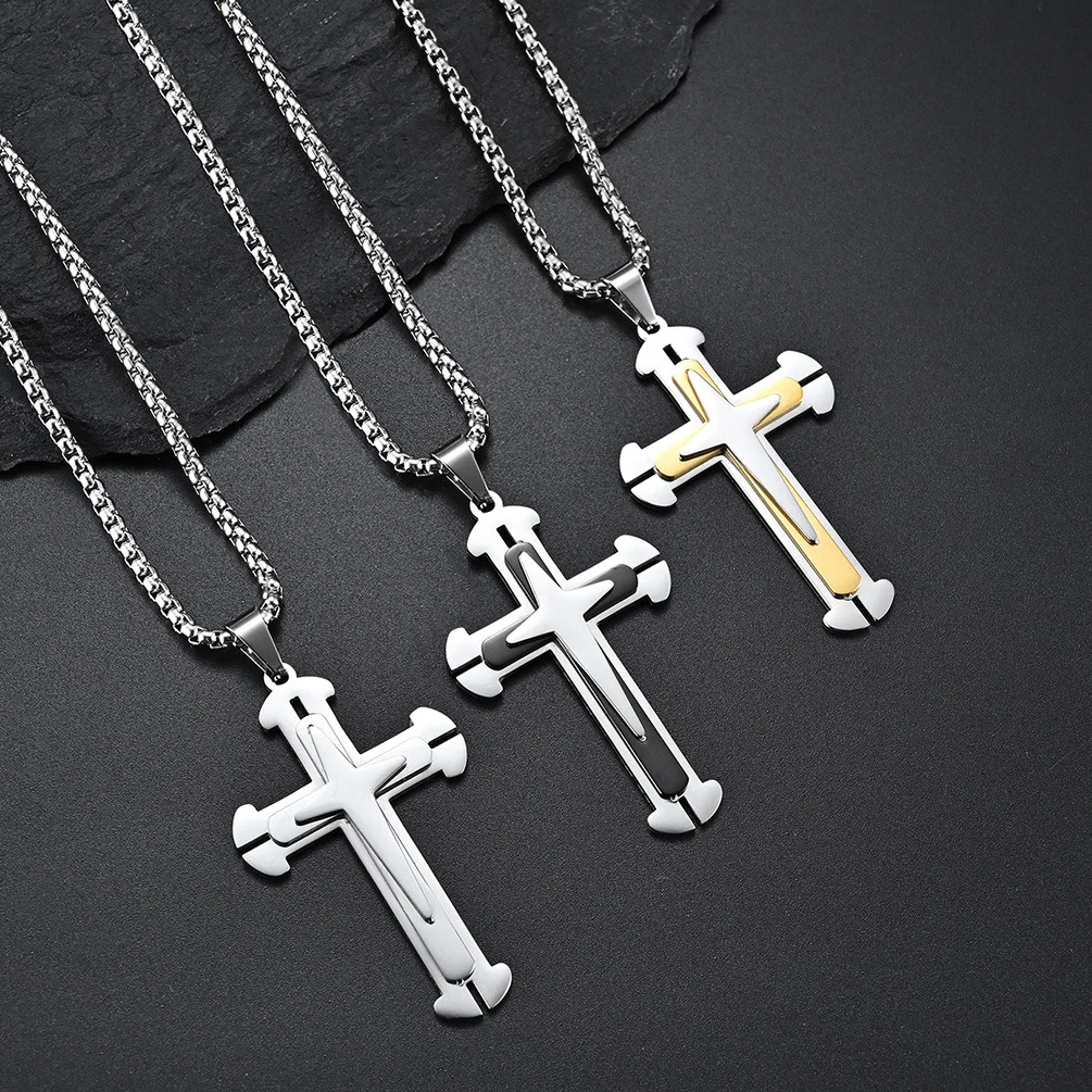 

Европейский и американский лидер продаж трехслойное ожерелье из титановой стали с крестом, мужской и женский нейтральный простой кулон