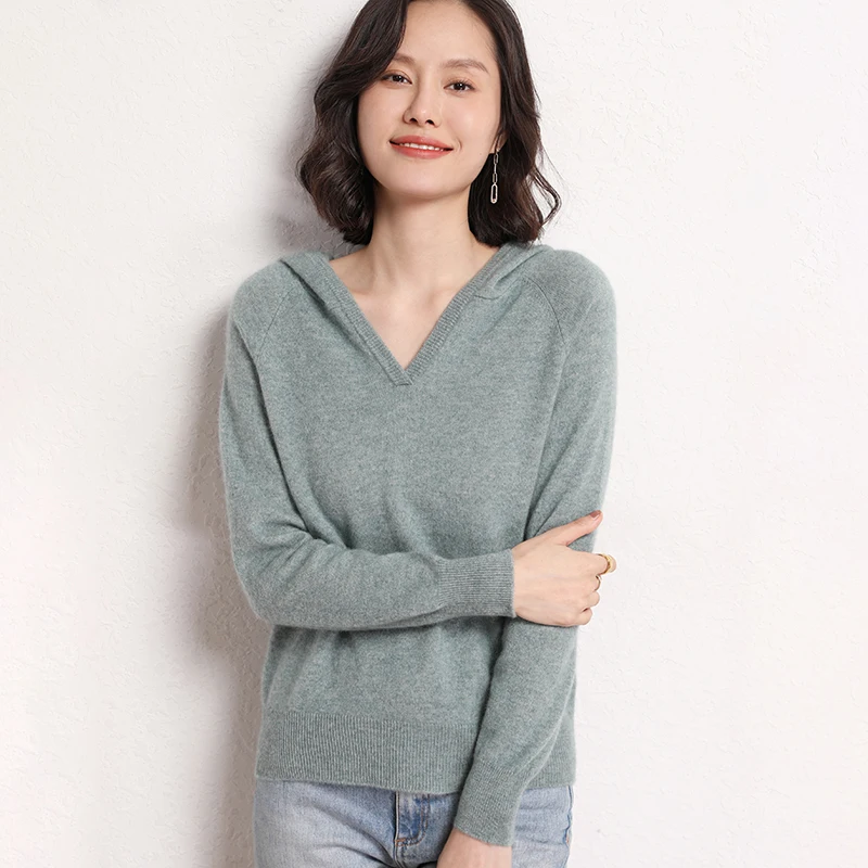High-End Women's Autumn And Winter Warmth 35% Cashmere Hooded Pullover Casual Fashion New Long-Sleeved Knitted V-Neck Sweater