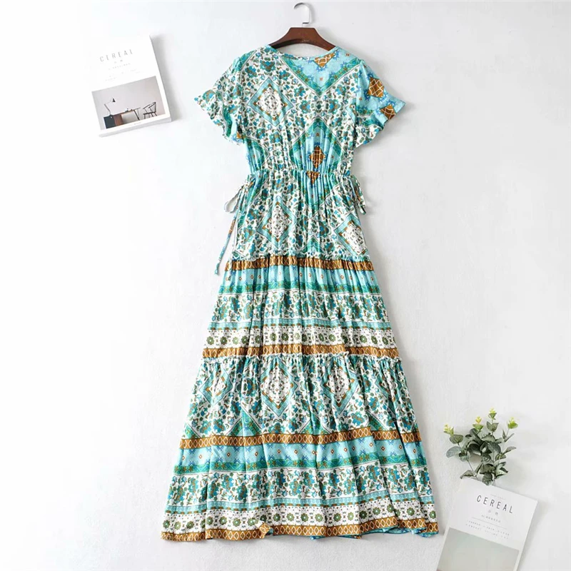 Boho Queens Women Green Floral Print Beach Bohemian Rayon Maxi Dresses Ladies V Neck Button Pleated Happie Dress Vestidos | Женская