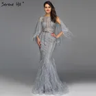 Серые Вечерние платья с круглым вырезом, украшенные перьями и кристаллами, роскошные сексуальные вечерние платья без рукавов в Дубае, 2021 Serene Hill LA70153