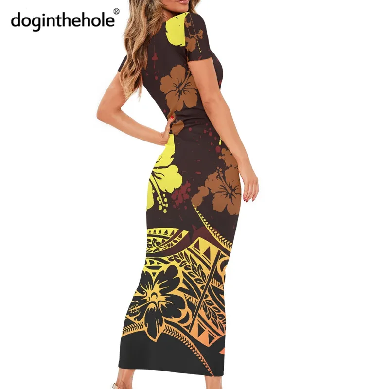 

Doginthehole Elegant Hibiscus Pattern Party Dress Women Casual Short Sleeve Maxi Dresses Polynesian Loose Ladies Clothing