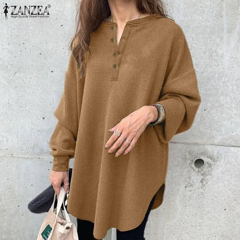 

2022 Fashion Women Plain Tops Tunic ZANZEA Solid Knit Blouse Autumn Casual Irregular Hem Shirt Lady Oversize Long Sleeve Chemise