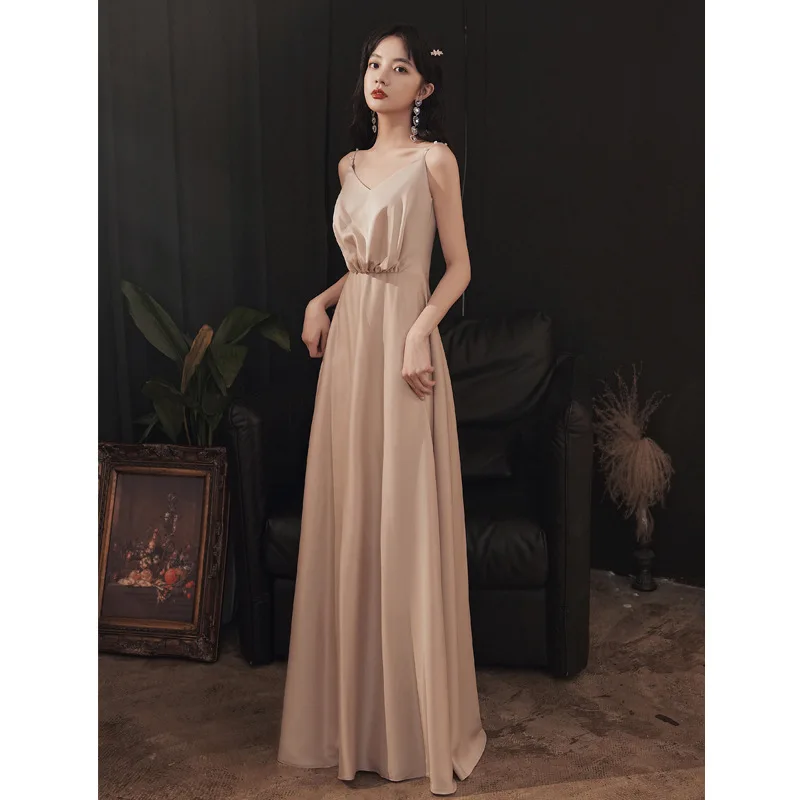 Sexy Champagne V-Neck Backless Prom Dresses High Quality Long Spaghetti Strap Elegant Dress