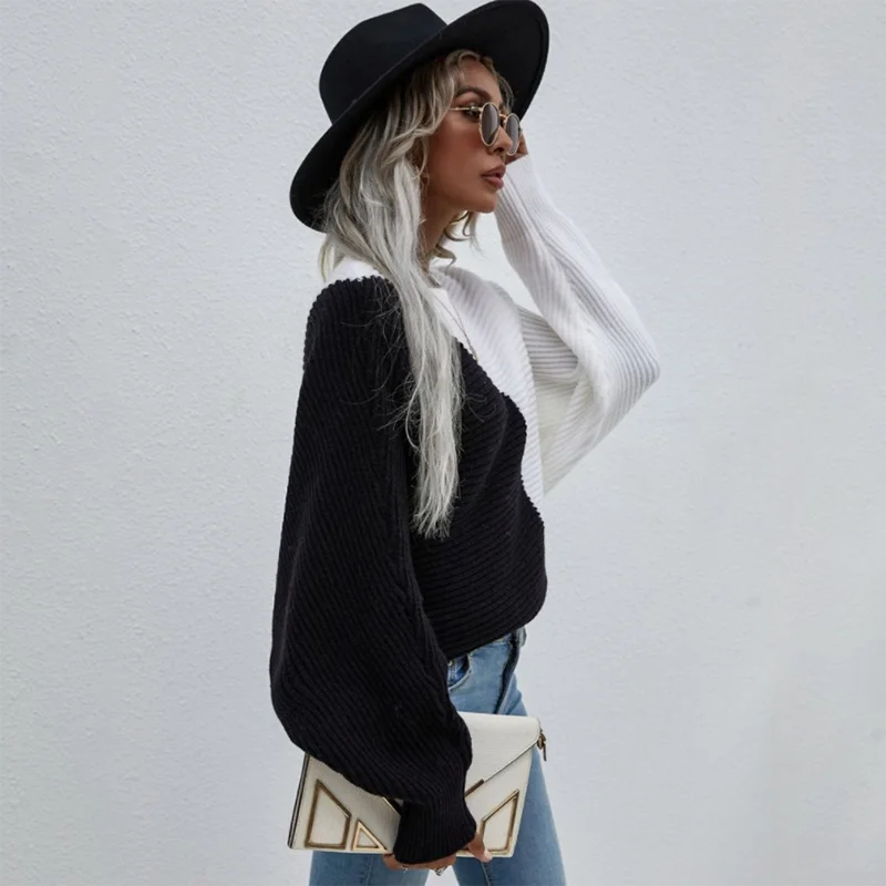 

Sweaters Women Color Block Long Sleeve Loose Patchwork Streetwear Pullover Woman Clothing 2021 Spring Autumn Casaul Knitted Tops