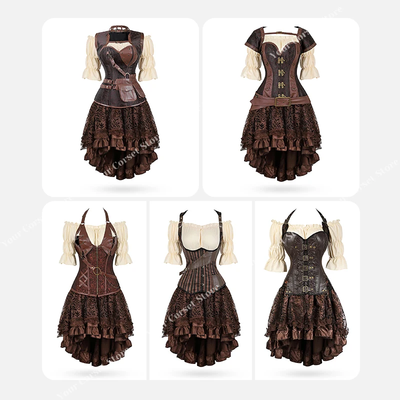Платье-корсет в стиле стимпанк из трех частей корсет топ блузка платья винтажное