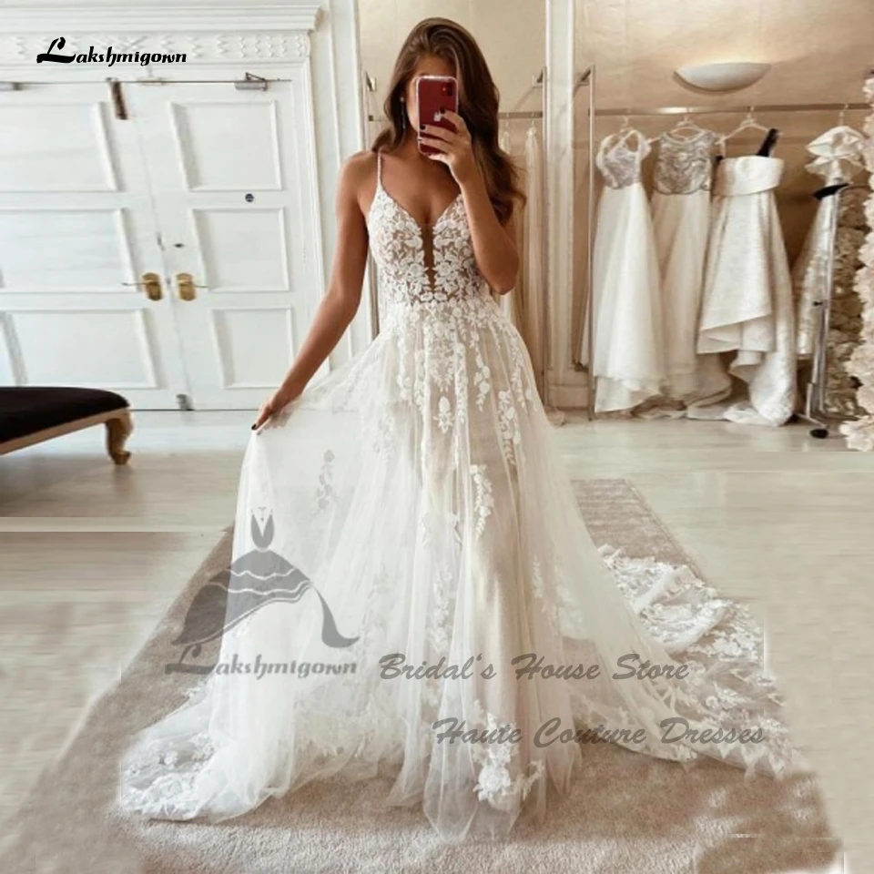 

Lakshmigown Vintage Lace Boho Wedding Dress Spaghetti Straps 2022 V neck Sexy Tulle Bridal Open Back Wedding Gowns Vestido Novia